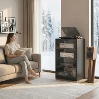 HOMCOM 4-Tier Hi-Fi Stand,  Record Player Stand with Adjustable Shelves and Push-to-Open Glass Doors, Black Wood-Effect(m-10)