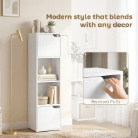 HOMCOM Narrow Bookcase, 4-Tier Bookshelf, Storage Cabinet with doors for Living Room, Bedroom, White(m-6)