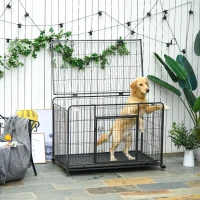 PawHut Cage pour chien pliable cage de transport sur roulettes 2 portes verrouillables plateau amovible dim. 125L x 76l x 81H cm métal gris noir(m-10)