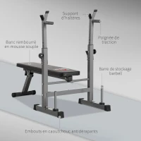HOMCOM Banc de musculation pliable avec support d'haltères réglable et poignées dips - fitness(m-7)