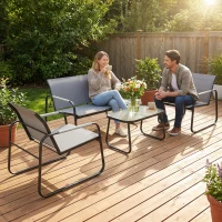 Outsunny Conjunto de Jardim Exterior com 1 Sofá de 2 Lugares 2 Poltronas e Mesa com Tampo de Vidro Temperado Textilene Respirável Cinzento(m-15)