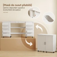 HOMCOM Masă de Cusut Pliabilă pentru Mașină de Cusut cu Rafturi, 20 Suporturi pentru Bobine, Roți Blocabile, Albă(m-4)
