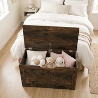 HOMCOM 100L Home Storage Box, with Safety Hinge - Rustic Brown Wood-Effect(m-9)