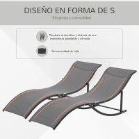Outsunny Conjunto 2 Espreguiçadeiras Ergonômicas Dobráveis em Forma de S com Estrutura de Alumínio Textilene para Piscina Pátio Jardim e Varanda 165x61x63cm Cinza(m-16)