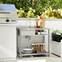 HOMCOM Outdoor Stainless Steel Kitchen Sink, Freestanding Sink Single Bowl with Cold and Hot Water Pipe and Storage Shelves(m-10)