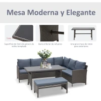 Outsunny Conjunto de Jardín de Ratán Sintético con Sofá Esquinero de 2 Módulos Banco y Mesa con Encimera de Cristal Gris(m-4)