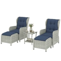 Outsunny 5 Piece Garden Furniture Set, Rattan Reclining Garden Chair Set of 2 with Footstool and Cushion for Balcony, Dark Blue(m-11)
