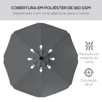 Outsunny Guarda-Sol de Jardim Manual Ø292x254 cm com 32 Luzes LED Solares 8 Varetas Impermeável e Respiros de Ventilação Cinzento(m-6)