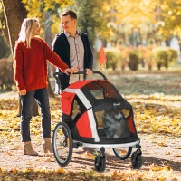 PawHut Reboque de Bicicleta para Cães Dobrável 2 em 1 Carrinho para Cães de Alumínio com Guiador Ajustável Bandeira e 6 Refletores Carga Máxima 40kg 150x82x98cm Vermelho(m-10)