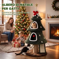 PawHut Albero Tiragraffi Natalizio per Gatti, 2 Cucce, Scala in Sisal, Pali in Juta e Palline, 60x60x132 cm, Verde(m-4)