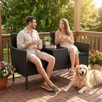 Outsunny Divanetto per Esterni 2 Posti con Tavolino da Caffè, in Acciaio e Rattan PE, 137x59x82 cm, Nero(m-2)