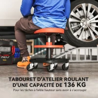 HOMCOM Tabouret d'atelier à roulettes, tabouret de mécanicien avec hauteur réglable 40-51 cm, 2 étagères 38x38x51cm, orange(m-4)