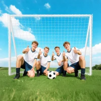 SPORTNOW But de football avec filet poteaux en PVC et piquets de sol installation rapide 2,4 x 1,8 m blanc(m-7)