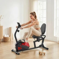 HOMCOM Bicicleta Estática com Encosto 8 Níveis de Resistência Magnética Volante Assento Ajustável Monitor LCD Pulsómetro Suporte de Telemóvel e Rodas Vermelho(m-6)