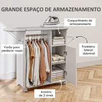 HOMCOM Móvel de Engomar de Madeira com Rodas Barra para Pendurar Roupa Prateleira Aberta e Tábua Dobrável 107x42,5x99 cm Branco(m-5)