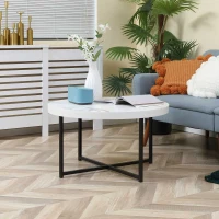 HOMCOM Mesa de Centro Redonda com Bancada Similar ao Mármore e Estrutura de Metal Estilo Moderno 80x80x45cm Branco e Preto(m-10)