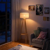 HOMCOM Lampada da Terra con Ripiano Intermedio Paralume in Lino Interruttore a Pedale Risparmio Energetico Altezza 154cm, Legno, 50x50x154 cm(m-2)