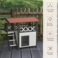 PawHut Casetta per Gatti da Esterno con Terrazza e Scaletta in Legno, 77x50x73cm, Bianco e Grigio(m-6)