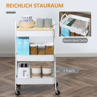HOMCOM Servierwagen mit 3 Ebenen Küchenwagen mit Rollen Griff Küchenregal mit Korb und Deckel Rollwagen Allzweckwagen für Küche Büro Badezimmer, Weiß(m-4)