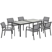 Outsunny 7-delige eettafelset, 6 stoelen, 1 tafel, stapelbaar, gemakkelijk te reinigen, stalen frame, tuinmeubelset, grijs(m-1)