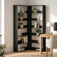HOMCOM 7 Tiers Bookshelf, L-Shaped Corner Bookcase with Anti-Slip Rear Guard, Black Wood Effect(m-2)