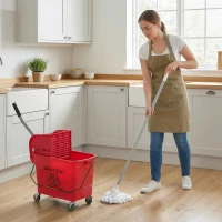 HOMCOM Balde de Limpeza com Escorredor Painel Separador e Rodas Capacidade de 20L para Limpezas Domésticas 45x26,5x70 cm Vermelho(m-10)