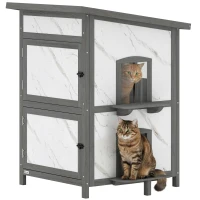 PawHut Buitenkattenhuis, Houten Huis voor Katten, Meerdere Ingangen, Raam, Waterdicht, 60 x 60 x 88 cm, Wit(m-11)