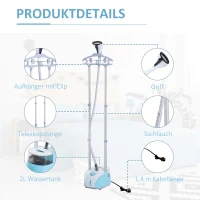 HOMCOM kledingstomer stoomborstel 1800 W stoomstrijkijzer verticaal stoomstation 2 l blauw(m-6)