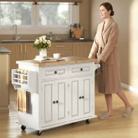HOMCOM Ilha de Cozinha com Rodas 2 Gavetas 4 Portas Suporte para Temperos e Barra Lateral 111x44,5x82,5cm Branco e Madeira(m-8)