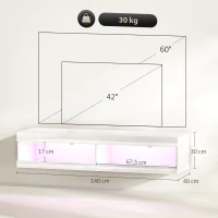 HOMCOM Móvel de TV Suspenso com Luzes LED com Controlo Remoto Compartimentos Orifício Passa-Cabos 140x40x30 cm Branco Brilhante(m-3)