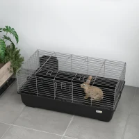 PawHut Gabbia per Conigli a 2 Porte con Vassoio Rimovibile, in Metallo e Plastica PP, 100x55x41 cm, Nero e Argento(m-6)