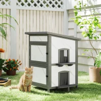 PawHut Buitenkattenhuis, Houten Huis voor Katten, Meerdere Ingangen, Raam, Waterdicht, 60 x 60 x 88 cm, Wit(m-2)