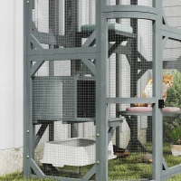 PawHut Catio Outdoor Cat Enclosure,  Wooden Cat House with Platforms, Condo and Waterproof Cover for 2–3 Kittens, Grey(m-11)