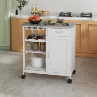 HOMCOM Carrinho de Cozinha com Rodas 1 Gaveta Prateleiras Suporte para 4 Garrafas e Armário Carga 40kg 76x48x88cm Branco e Cinza(m-9)