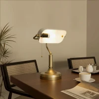 HOMCOM Banker's Desk Lamp with Antique Bronze Tone Base, Table Lamp with White Glass Shade for Home Office, White(m-10)