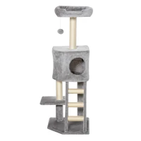 PawHut Tiragraffi Multilivello Palestra per Gatti con Cuccia, Scala e Corde in Sisal, Grigio Chiaro, 50x40x120cm(m-4)