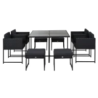 Outsunny 9 PCs Rattan Dining Cube Set Outdoor Patio Furniture PE Rattan Wicker Dining Set w/ 4 Armchair,4 Foot Stool,Grey Cushion(m-11)