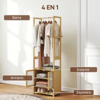 HOMCOM Perchero de Bambú con Armario Zapatero Barra para Colgar Estante Ajustable para Entrada Pasillo 53x31x168 cm Natural(m-4)