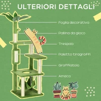 PawHut Albero Tiragraffi per Gatti con Amaca, Pallina e Tiragraffi in Sisal, 49x49x142cm, Verde(m-5)