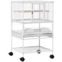 PawHut Gaiola para Pássaros Gaiola Grande com Rodas Painéis Acrílicos Comedouros Poleiros Prateleira Bandeja Amovível Gaiola para Papagaios Canários 48x46x83 cm Branco(m-1)