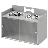 PawHut Verhoogd voerstation met 2 kommen en kast, MDF, roestvrij staal, botpatroon, grijs(m-10)