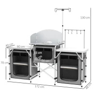 Outsunny Armário de Cozinha para Camping Dobrável com 3 Bancadas, 4 Ganchos, Poste de Luz e Bolsa de Transporte, 172x48x130 cm, Cinzento(m-3)
