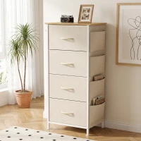HOMCOM Chest of Drawers with 4 Fabric Drawers, Tall Storage Unit with 2 Hooks and Steel Frame for Bedroom, Beige(m-14)