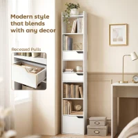 HOMCOM Bookcase Tall Narrow with 5 Tiers and Drawers Freestanding Bookshelf Storage Cabinet for Living Room White Wood Effect(m-6)