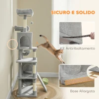 PawHut Albero Tiragraffi per Gatti con 2 Casette, 2 Lettini, Trespolo e 2 Palline, 48x40x177 cm, Grigio Chiaro e Beige(m-6)
