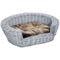PawHut Cama para Cães de Vime Cama de Vime para Gatos Cães com Almofada Lavável 57x46x17,5cm Cinza(m-1)