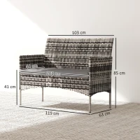 Outsunny 2-zits Rattan Tuinbank PE-Rattan Outdoor Terrasbank met Kussen, Anti-slip Matten, Stalen Frame, Lichtgrijs(m-3)