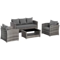 Outsunny Set Salotto da Giardino in Rattan PE con Divano 3 Posti, 2 Poltrone e Tavolino con Vetro, Grigio(m-1)