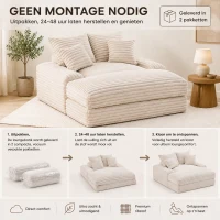 Extra diepe loungebank van ribstof, chaise longue met traagschuim en 4 kussens, zonder montage, 175 x 137 x 63 cm, beige(m-5)