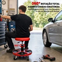 HOMCOM Banco de Oficina com Bandeja e Rodas, Altura Ajustável 40-52 cm, Carga 135 kg, para Garagem, Vermelho(m-6)
